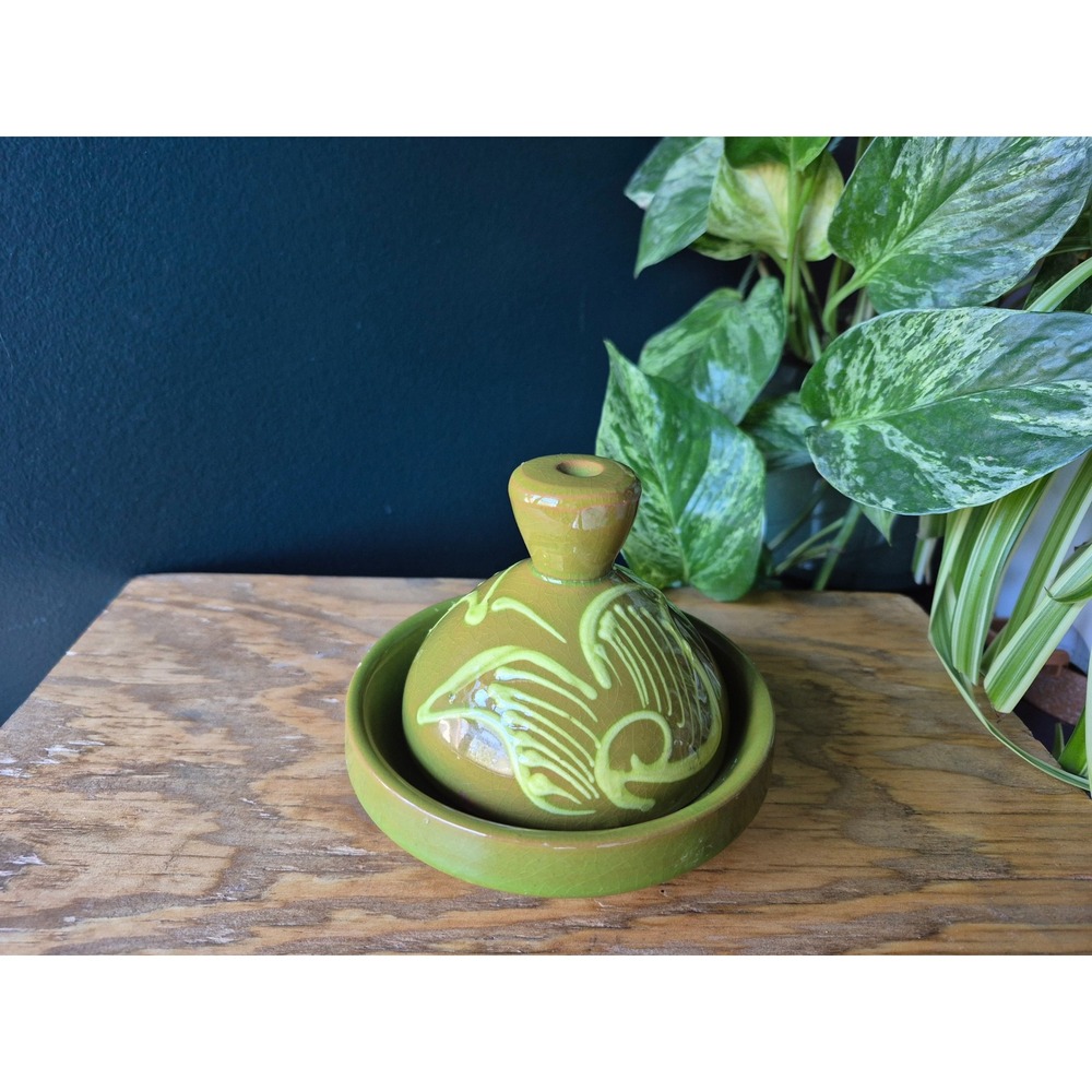 Vintage Studio‎ Pottery Bird Butter Dish Avocado Green Crackle MCM Tagine